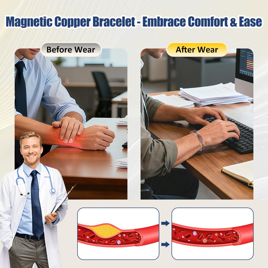 Vicmag Bracelet magnétique en cuivre pour homme, 9 aimants puissants (5000 gauss chacun), 99,99 % cuivre pur