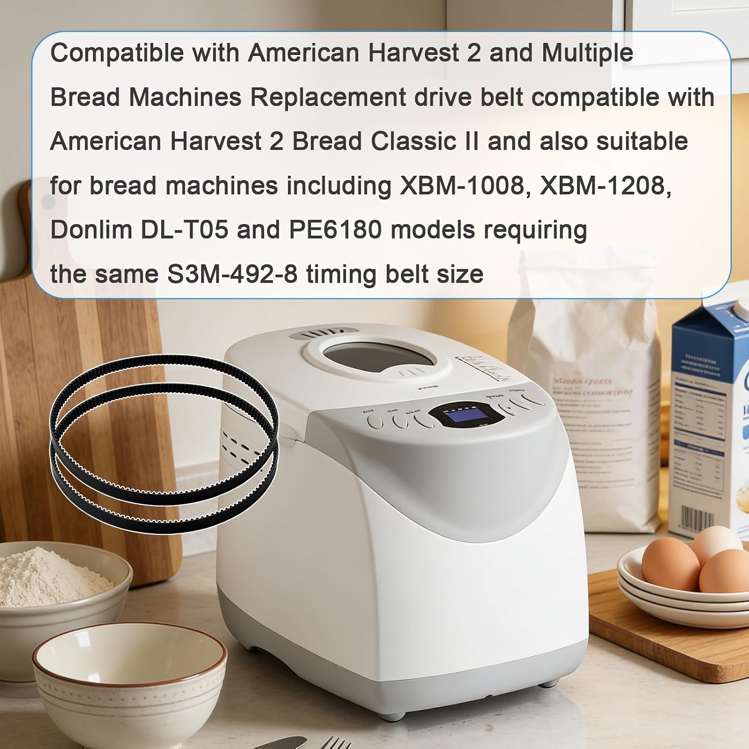 2-Pack S3M-492-8 164T Bread Maker Belt Compatible with American Harvest 2 | 164 Teeth 492mm Timing Belt, XBM-1008 XBM-1208 Fit, Compatible with Donlim DL-T05 PE6180, Bread Machine Repair