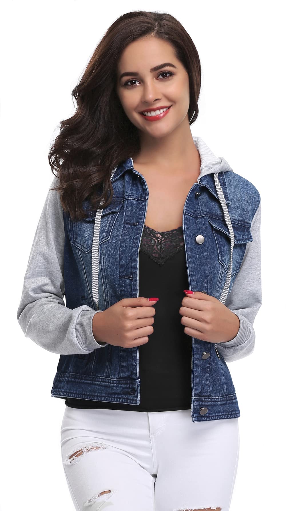 MISS MOLY Women's Layered Drawstring Casual Hoodie Denim Jackets Jean Jacket Coat w Pockets