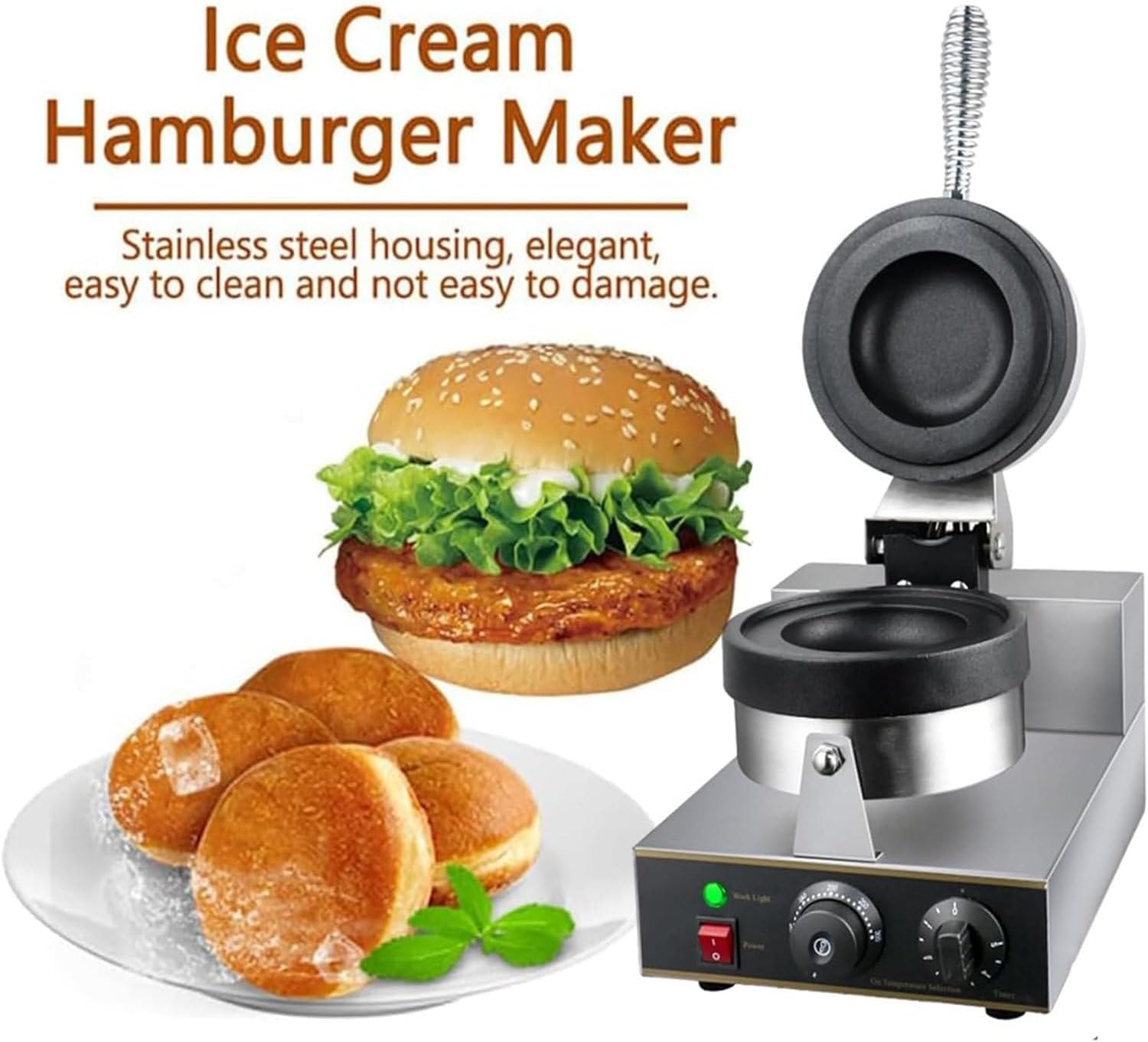 Waffle Maker Electric Burger Waffle Maker,1200W Commercial Single Head Hamburger Machine,Non-Stick Ice Cream Waffle Baker Machine for Family