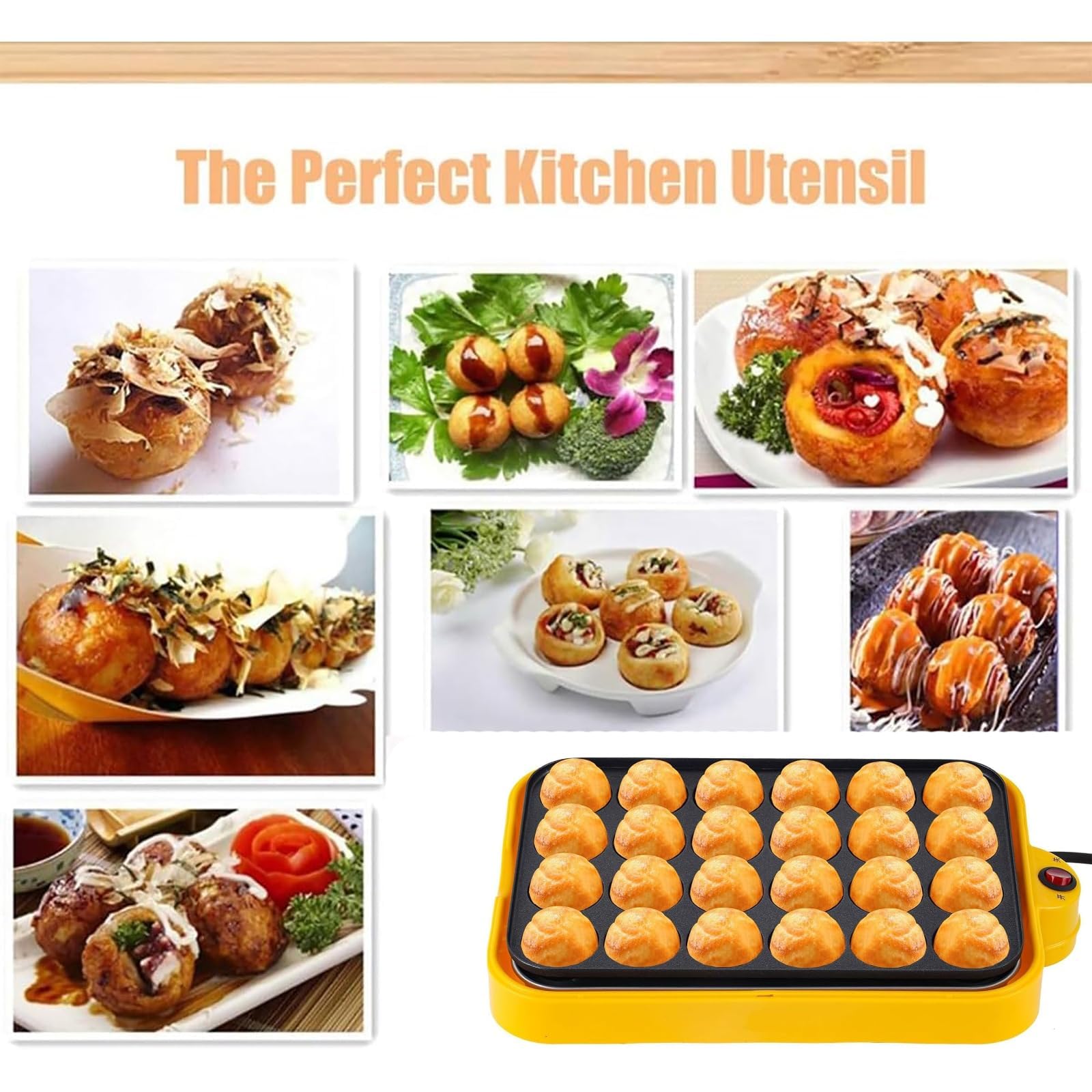 Takoyaki Maker, 24 Trous Poêle Électrique avec 3 Casseroles, Casserole Antiadhésive 800W, Finition en Satin, Contrôle Automatique de la Température, Amovible Et Lavable, pour Sandwich, Œuf, Steak