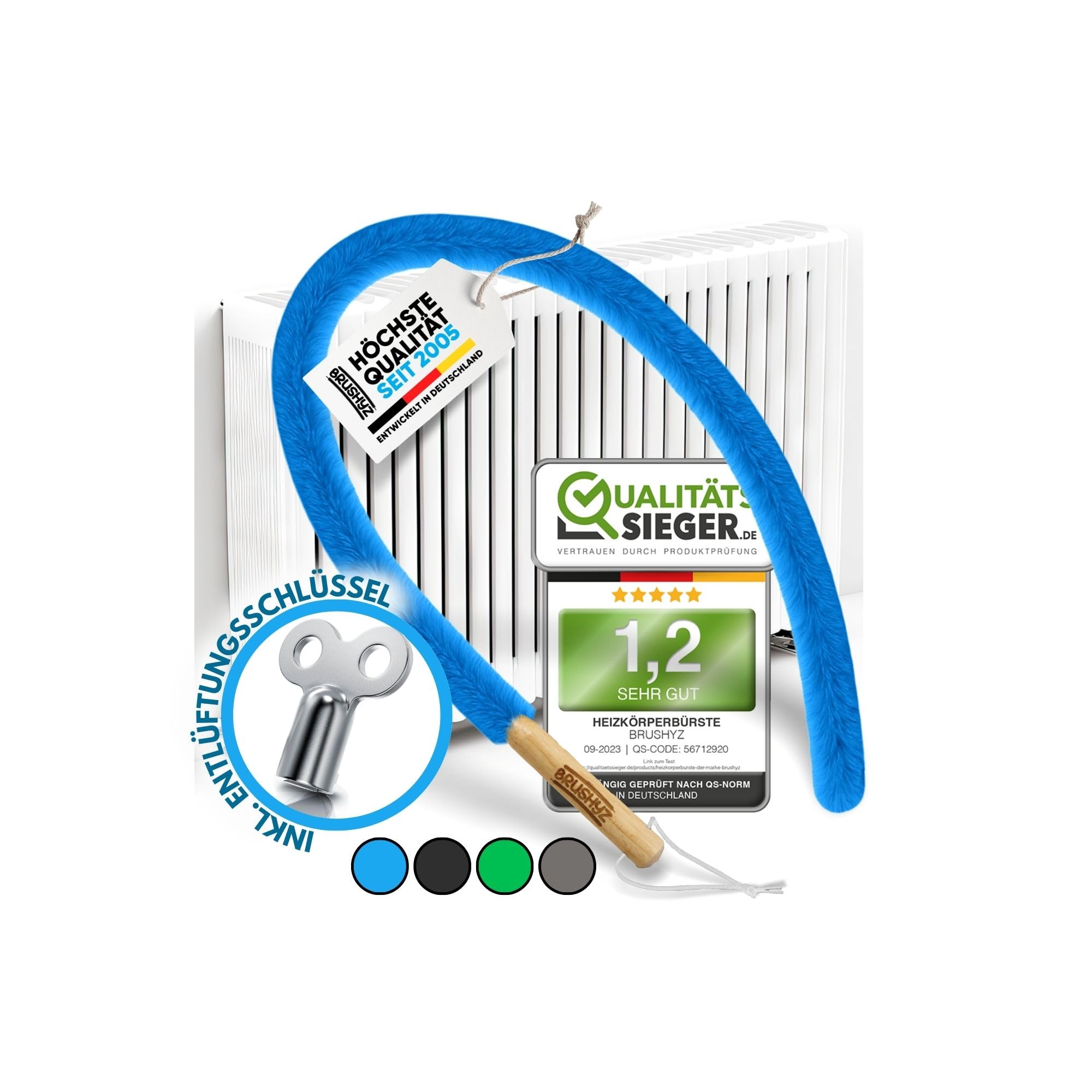 BRUSHYZ® Heizungsbürste lang 115cm [Note 1,2] inkl. Entlüftungsschlüssel I Heizkörperbürste für Heizung reinigen & Heizkosten sparen I Radiator Cleaning Brush I Flexible Heizkörper Reinigungsbürste