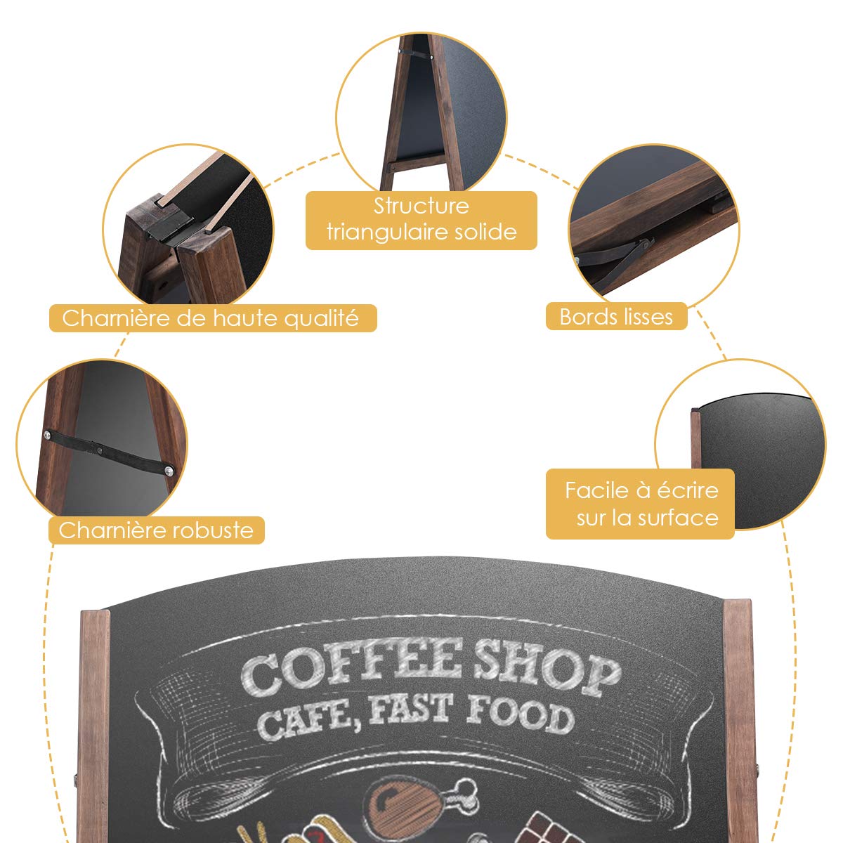 GOPLUS Panneau Publicitaire Extérieur, Tableau Noir, Porte-affiche Sur Pied en Bois, Essuyage et Pliable, Pour Publicité Promotion Restaurant Cafétéria Bar Bistrot (60 x 65 x 101cm)