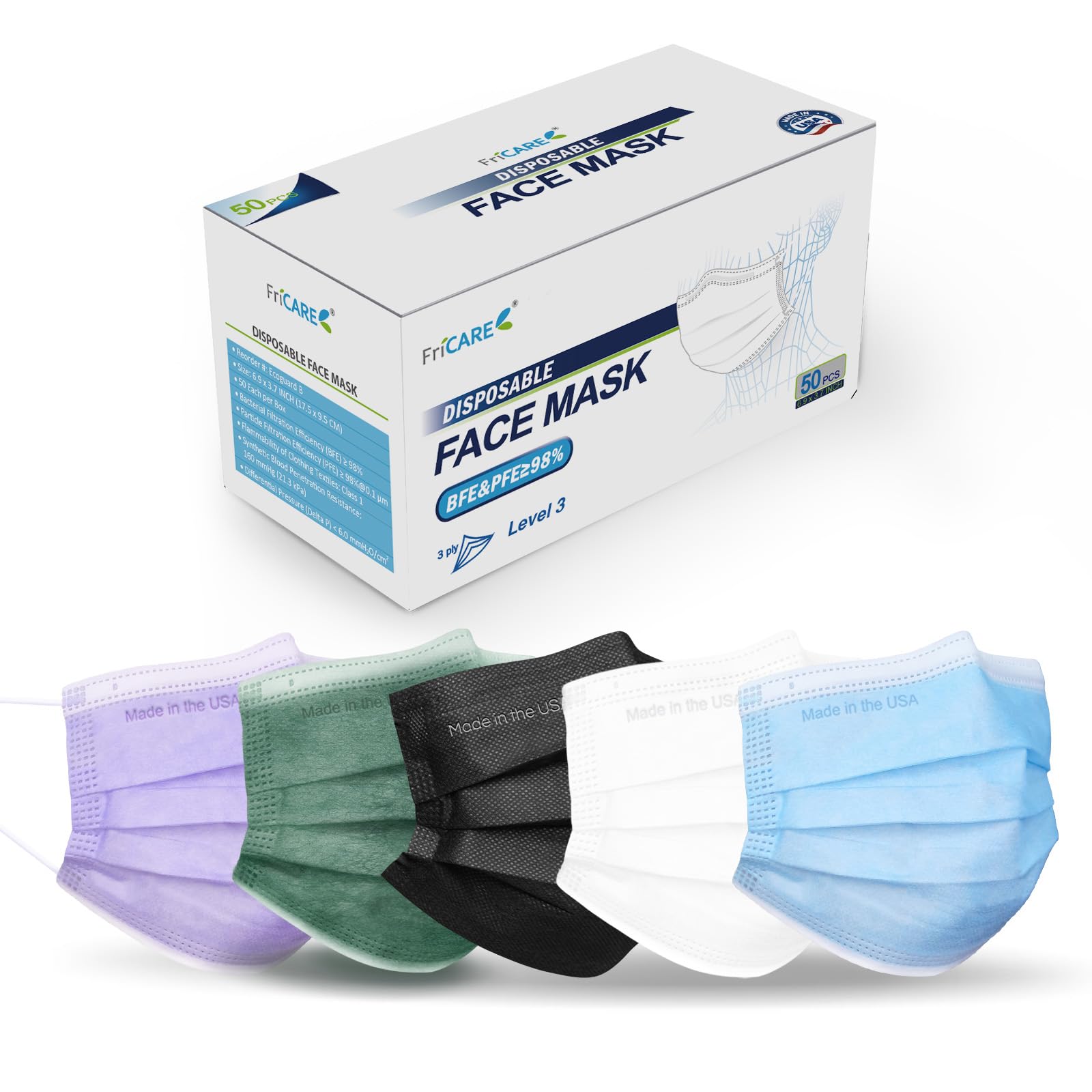 FriCARE Disposable Face Masks for Adults, 3 Ply ASTM Level 3 Medical Grade
