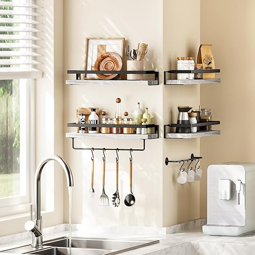 Miniatura 2 de AMADA HOMEFURNISHING Estantes flotantes, estantes de baño con toallero, juego de 5, color blanco