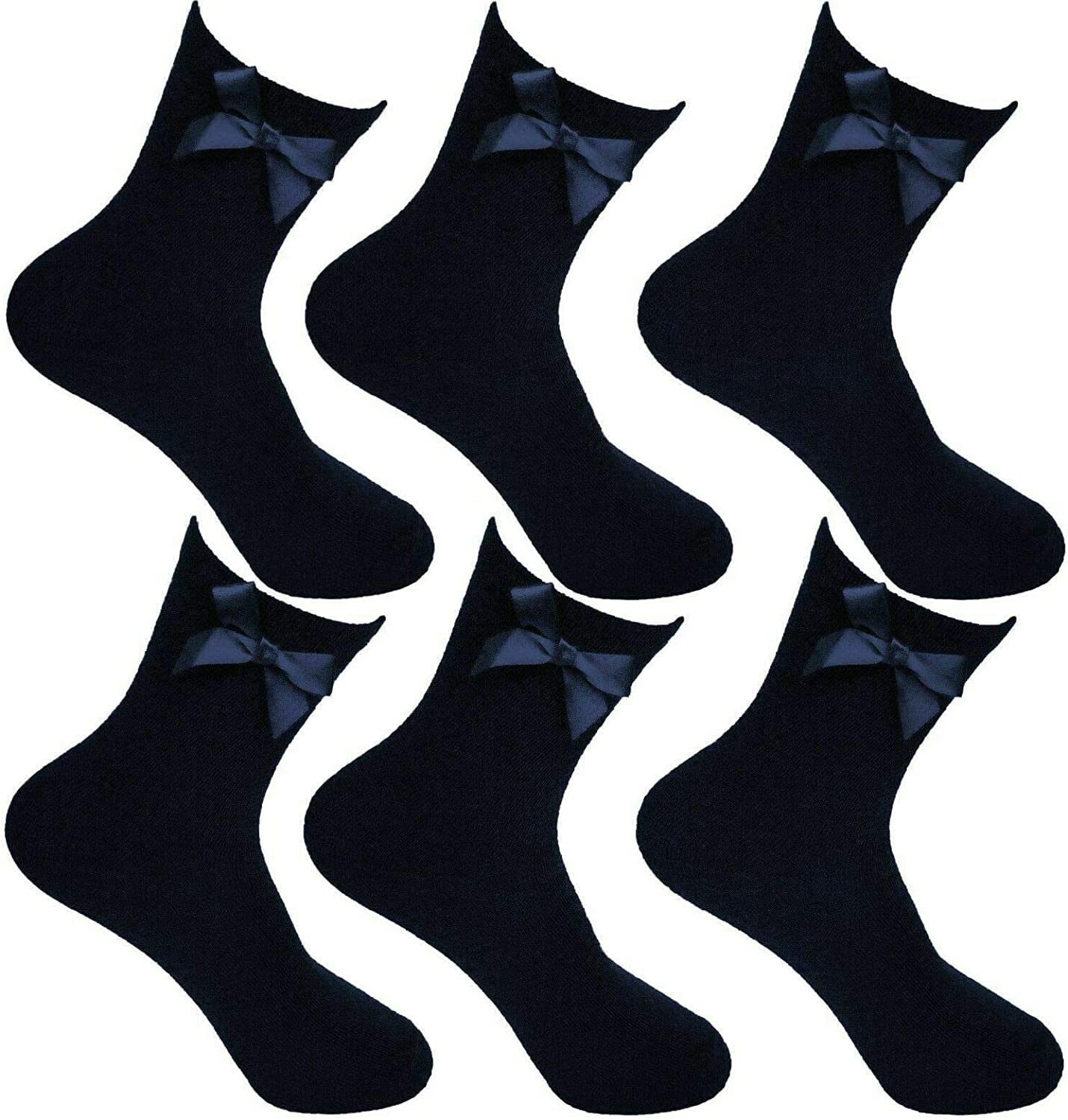Thread Linens Girls 3 Pairs Ankle School Socks with Bow for Kids Cotton Rich Plain Fluffy School Ankle Socks with Matching Bow Girls socks (6-8, Navy)