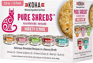 KOHA Pet Food Pure Shreds Cat Variety Pack, High Protein Wet Cat Food - 5 Flavors - Beef, Duck, Chicken & Duck and Chicken & Salmon Food for Cats - 2.8 oz Cans, Pack of 12