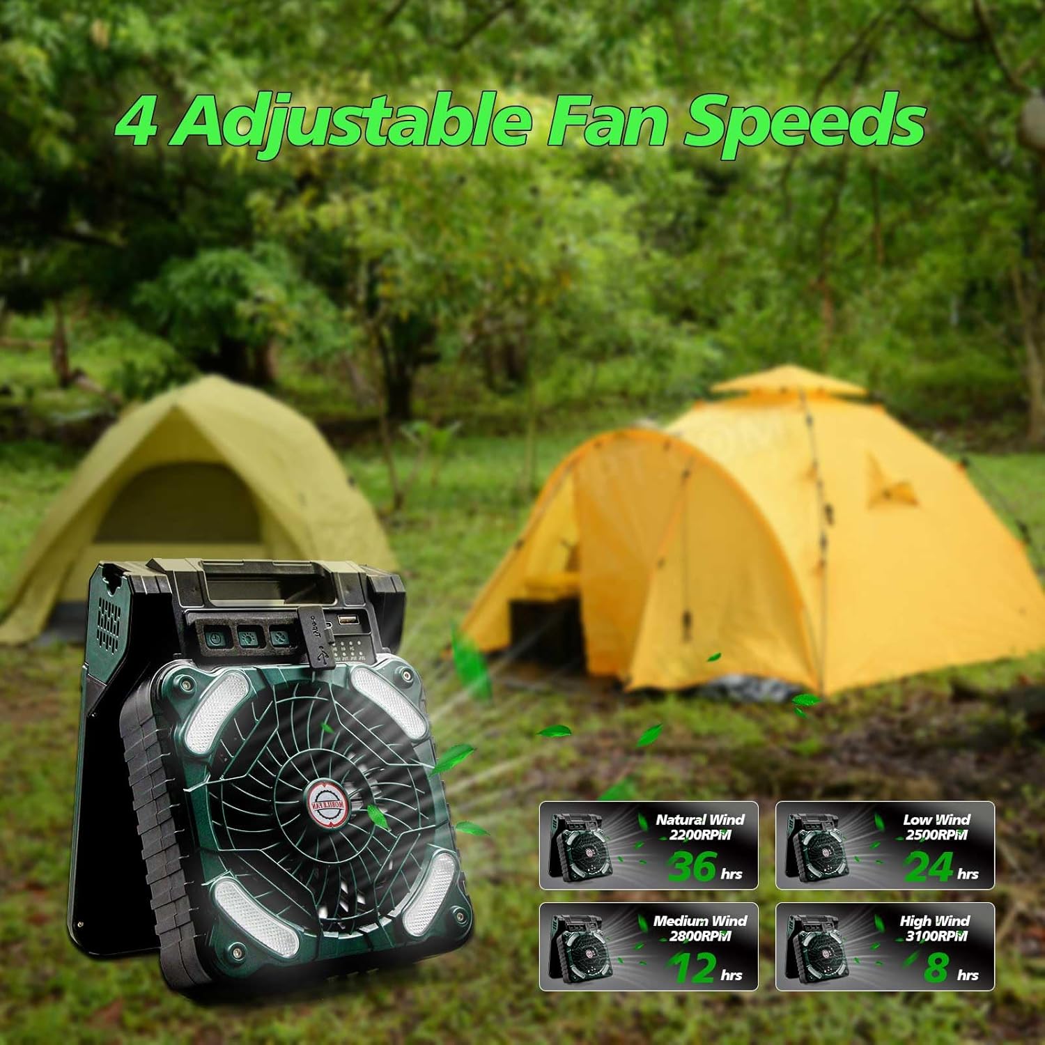 Solar Powered Fan with LED Light, 10400mAh Battery Powered Fan, 4 Speed, 3 Timers and Quiet, 90° Folding Portable, Camping Fans for Tents Home Office Fishing