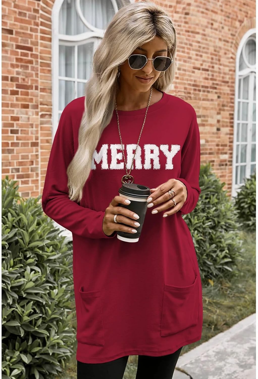 Women Merry Christmas Shirt Glitter Patch Long Sleeve Tunic Top Xmas Holiday Tshirt Dress Blouse Outfit with Pocket - Image 3