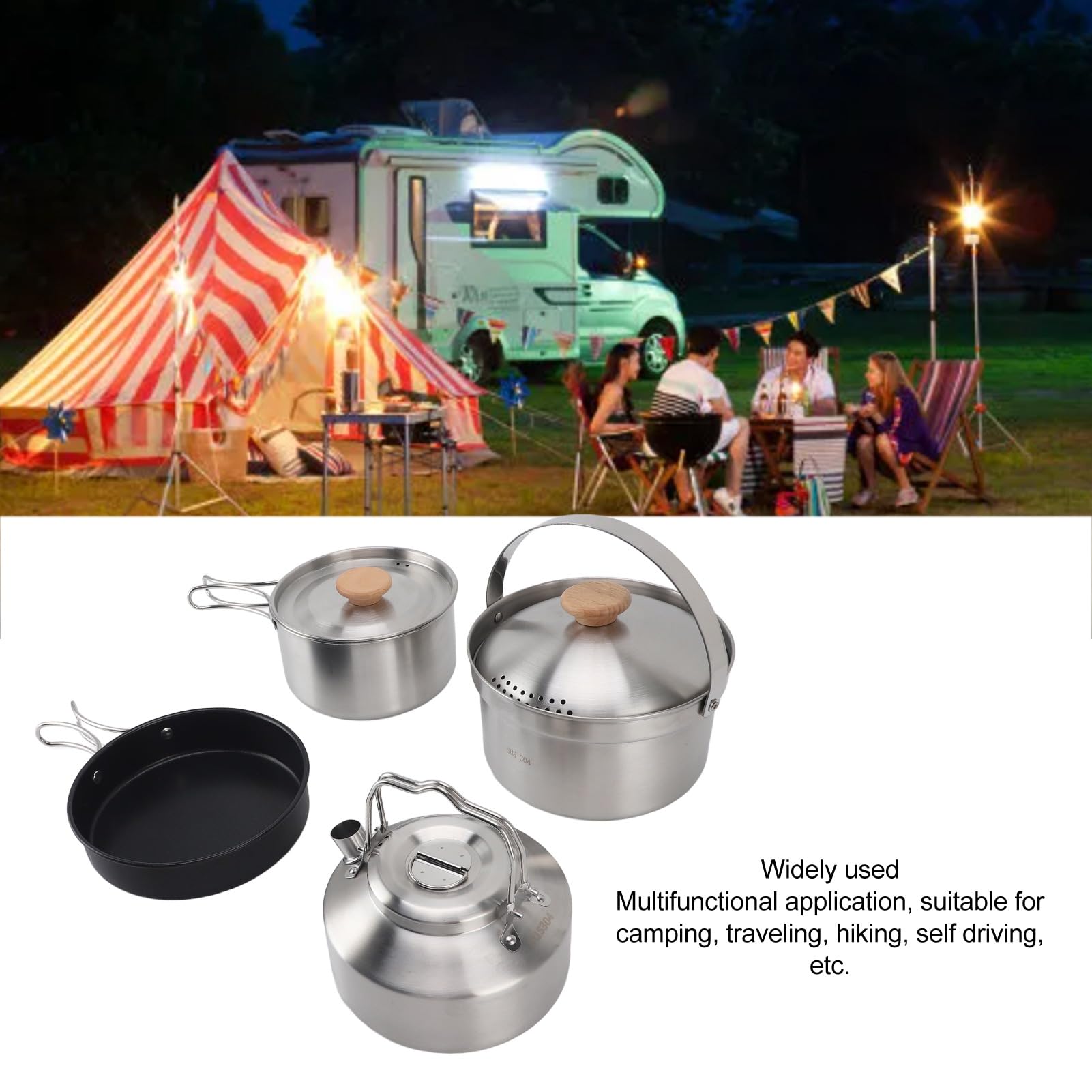 Pssopp Set di Pentole da Campeggio, Kit di Pentole da Viaggio in Acciaio Inossidabile, Set di Antiaderenti Portatili per Picnic All'aperto con Zaino in Spalla
