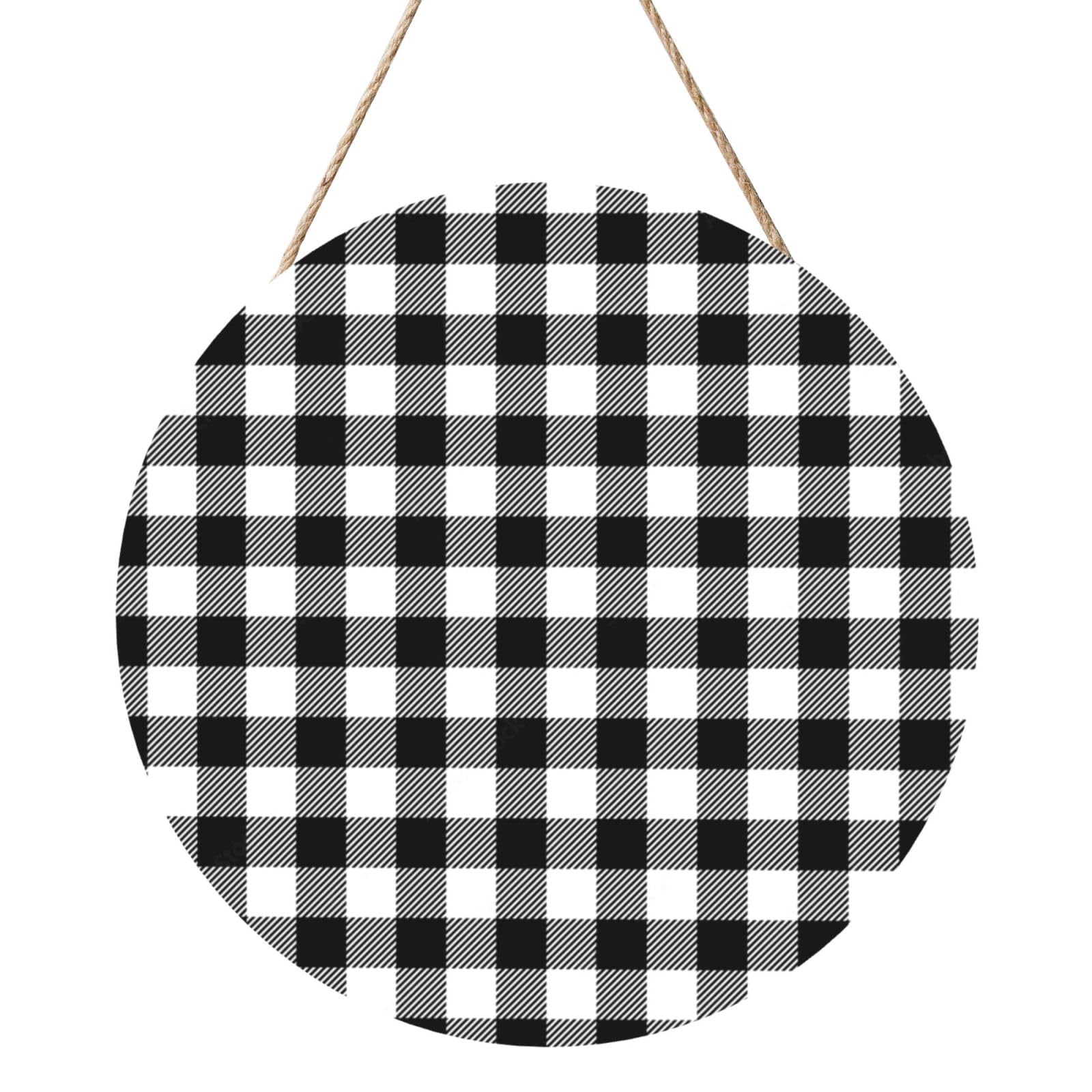InOmak Black And White Buffalo Plaid, Round Wood Panel Painting 12 in, Wall Hanging Painting For Home
