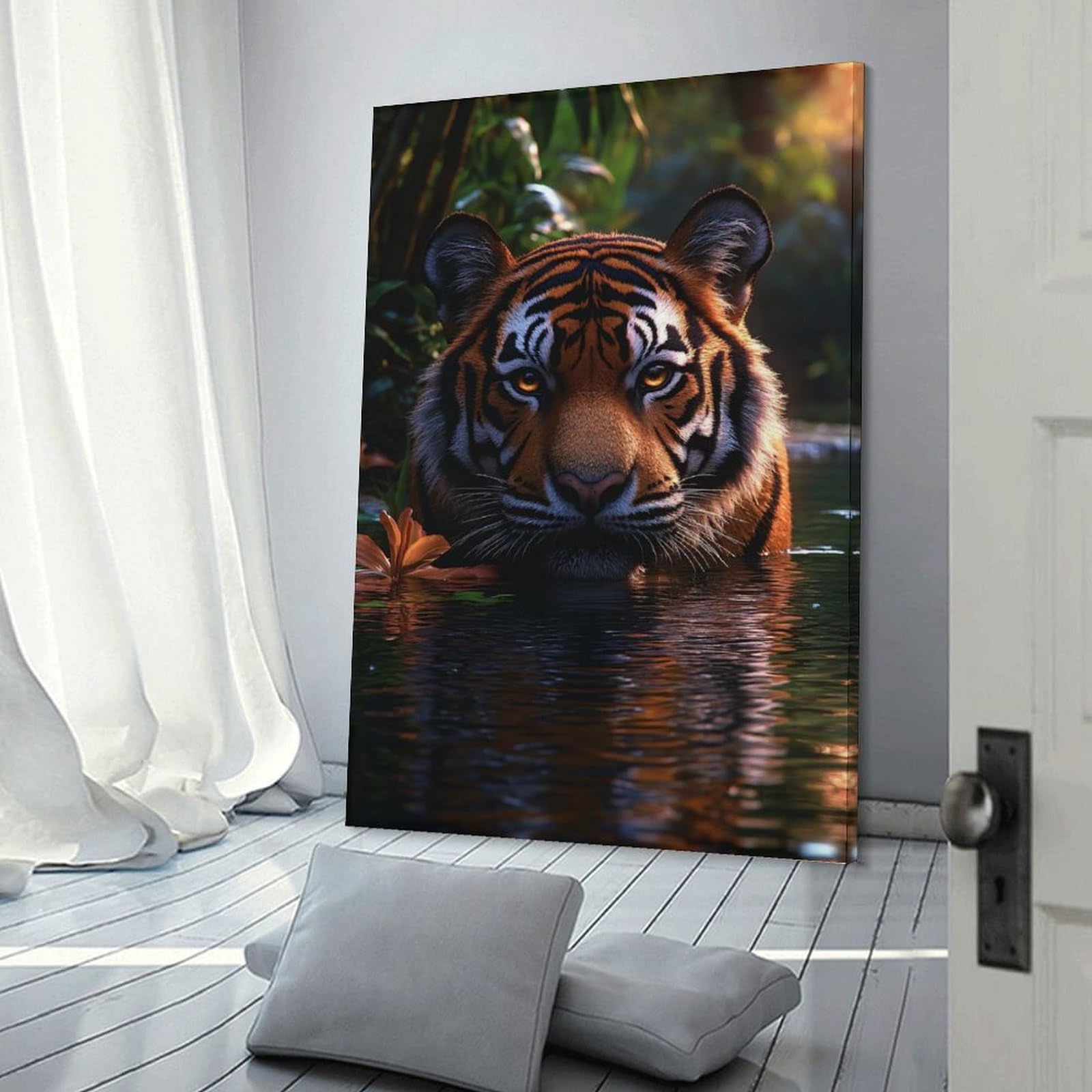 Junmoney Tiger in Water Wall Picture Print 24x36inch(60x90cm), for Entryway, Lounge Links Or Small Walls, Decorative Wall Art for Narrow Spaces