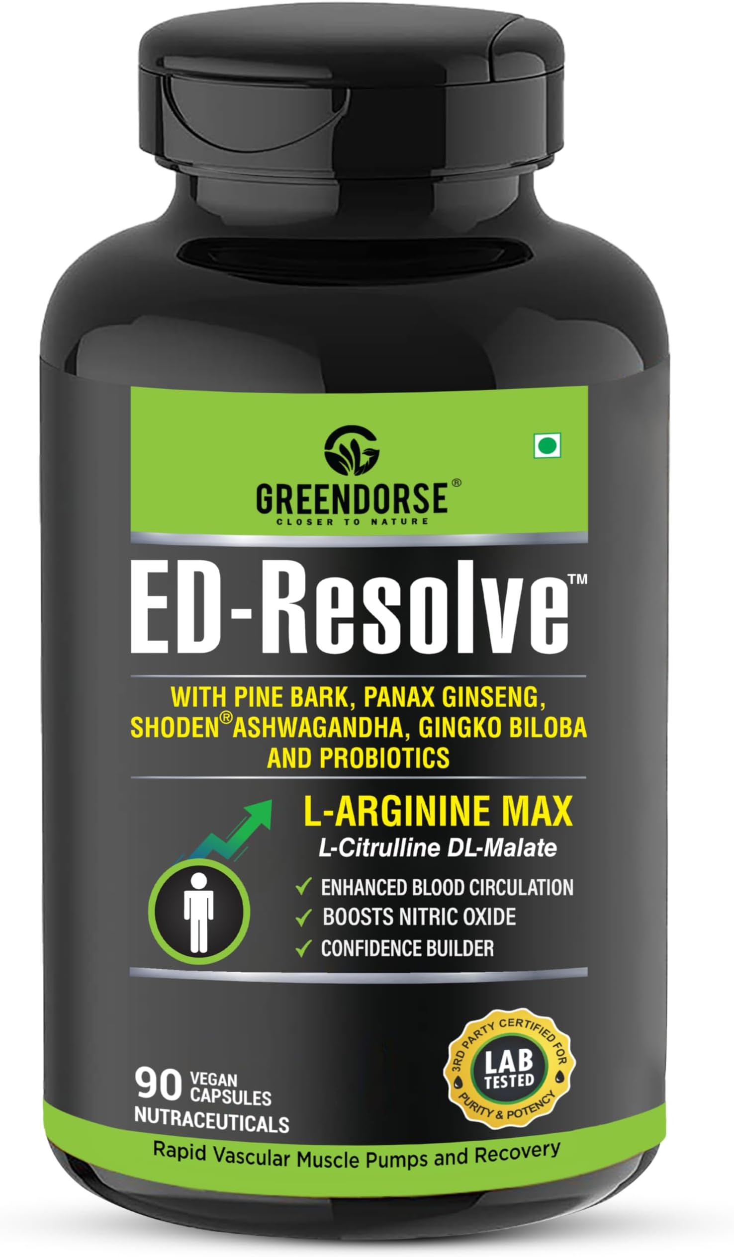 - GREENDORSE EDSolve L Arginine L Citulline Nitric Oxide Capsule for Men|With Pine Bark Extract,Ginsneg,Gingko Biloba,Probiotic|Prework out,Enhanced blood circulation,Performance Builder-90 Veg Capsule