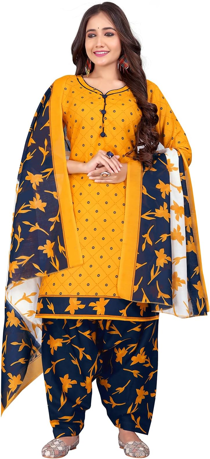 women Mustard Cotton Printed Readymade Patiala Salwar Suit