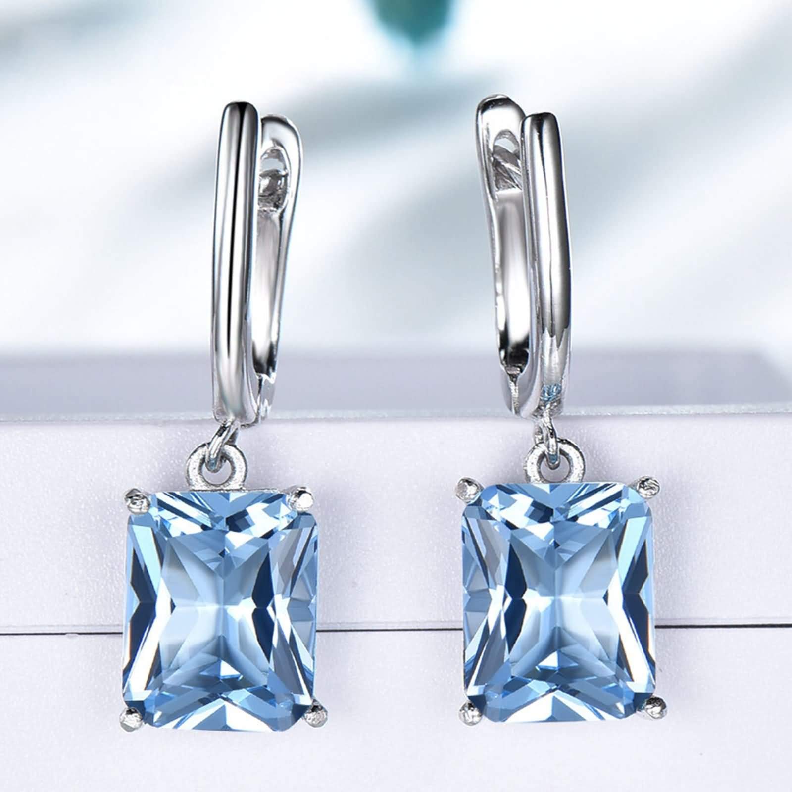 Orecchini da donna, orecchini da donna, per matrimonio, quadrato, in argento 925, per donna con topazio blu