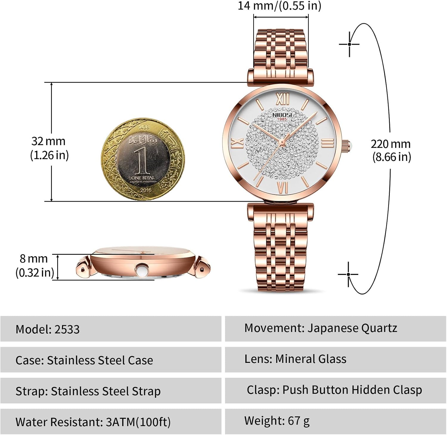 NIBOSI Women's Watch Analog Quartz Rose Gold Diamond Wrist Watch for Ladies Stylish Stainless Steel Watch Girl Gift - الصورة 2