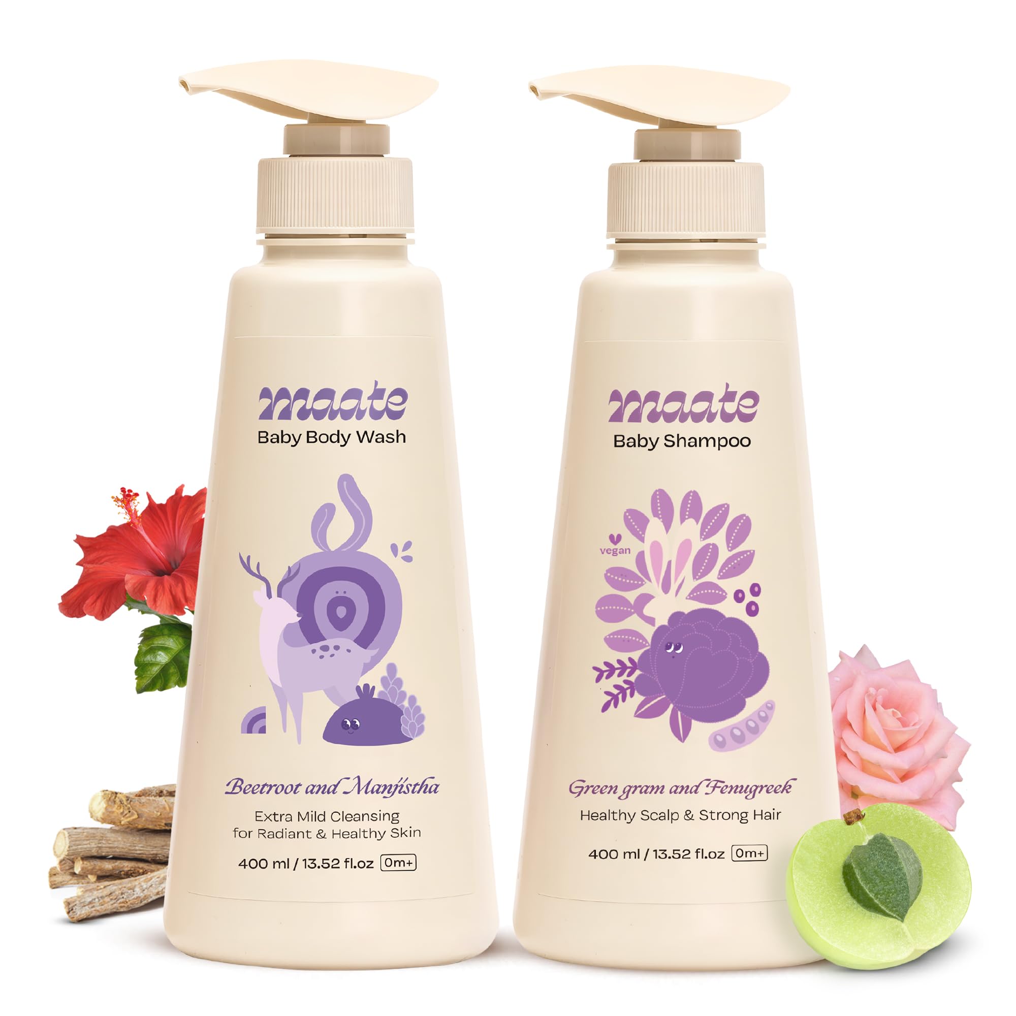 Maate Baby Gentle Wash Combo Pack for Kids | Baby Body Wash & Shampoo (400ml each) | Tear-free formula | Natural & Vegan | Paraben & Sulphate-Free Head to Toe Wash | Perfect for baby's sensitive skin