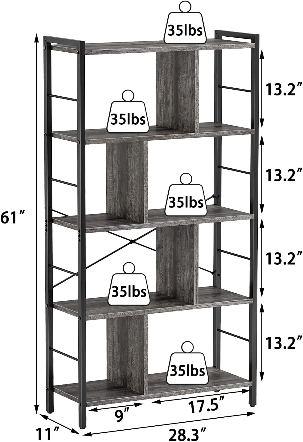 Dimensions and weight capacity of the Armocity 5-Tier Bookshelf