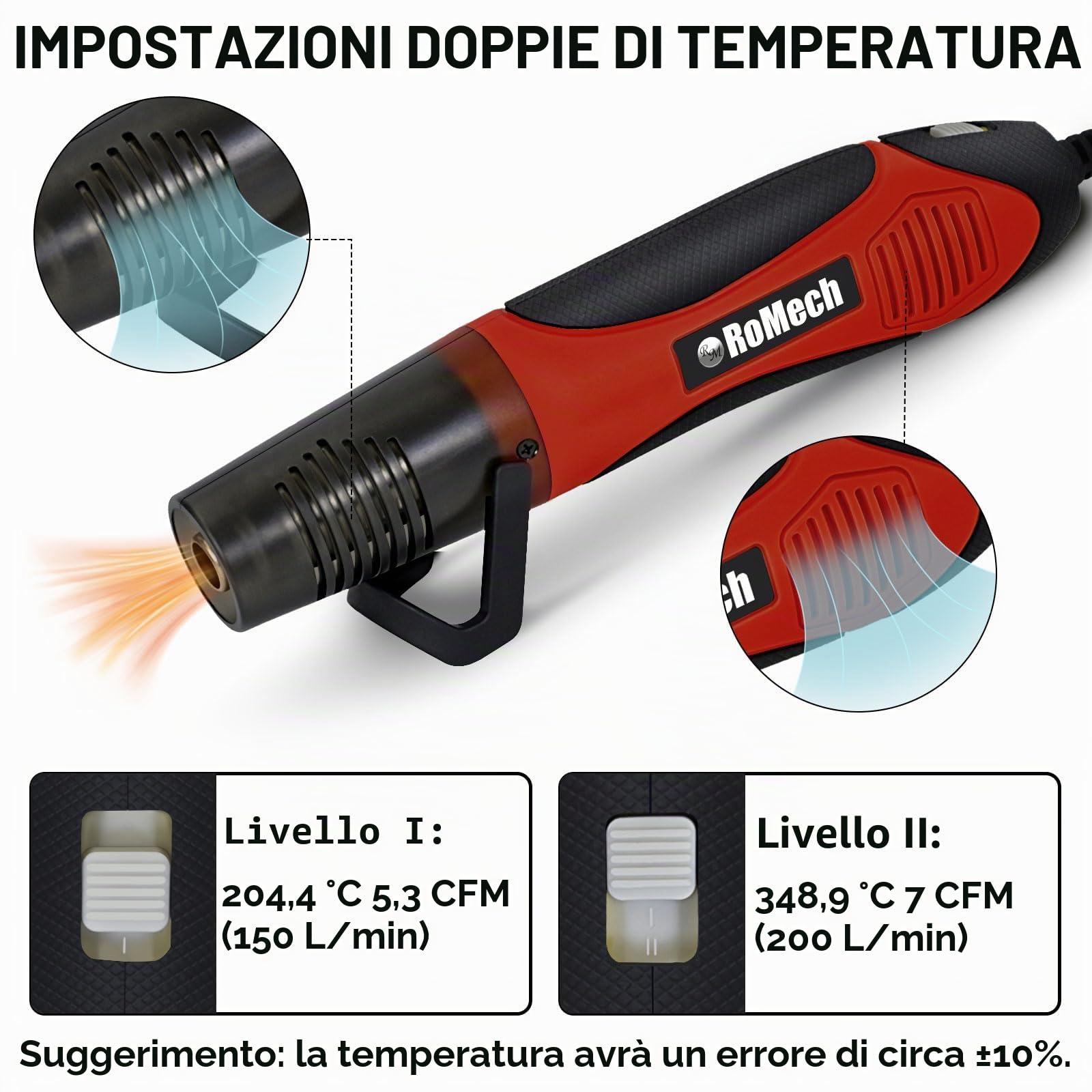 ROMECH Pistola termica da 350 W con 2 ugelli, pistola termica a doppia temperatura da 204 °C a 350 °C, pistola ad aria calda a calore rapido con protezione da sovraccarico per fai da te, goffratura,