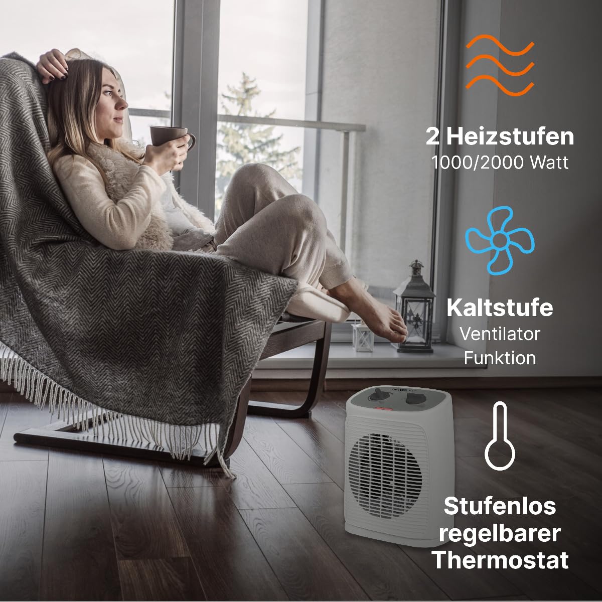 Clatronic HL 3800 grzejnik z funkcją wentylatora | ogrzewanie elektryczne z bezstopniową regulacją termostatu i 2 stopniami ogrzewania | grzejnik oscylujący | grzejnik do łazienki, kuchni, garażu