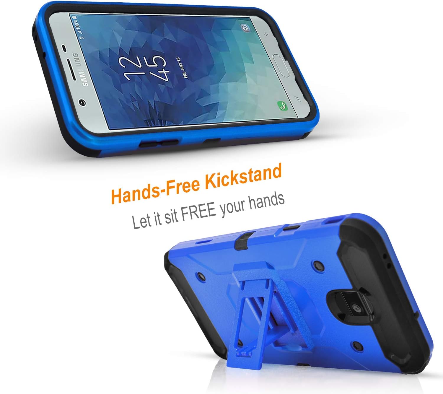 Starshop Galaxy J3 Orbit Case, J3 Star, Express Prime 3, J3 Achieve, J3 V 2018, Sol 3, Samsung Amp Prime 3, with [Tempered Glass Screen Protector Included] Full Cover Kickstand Cover W/Belt Clip-Blue
