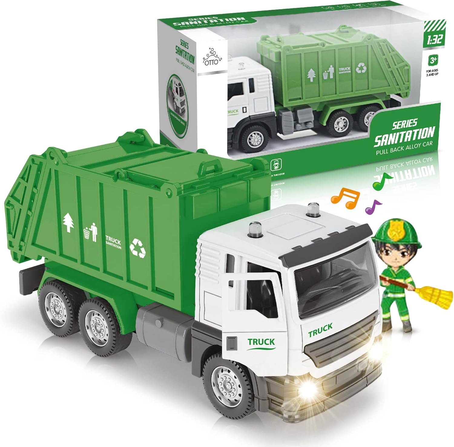 Otto Dustbin Lorry, PullBack Metal Strong Vehicle, Doors And Flap Open