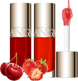 Jolilab Lip Oil, High Shine Hydrating Lip Oil withcolor, Non-Sticky Tinted with Fruit Flavor Lip Moisturizing Treatment Nourishing Lip Gloss, for Women Girls Lip Care(Cherry+Strawberry)