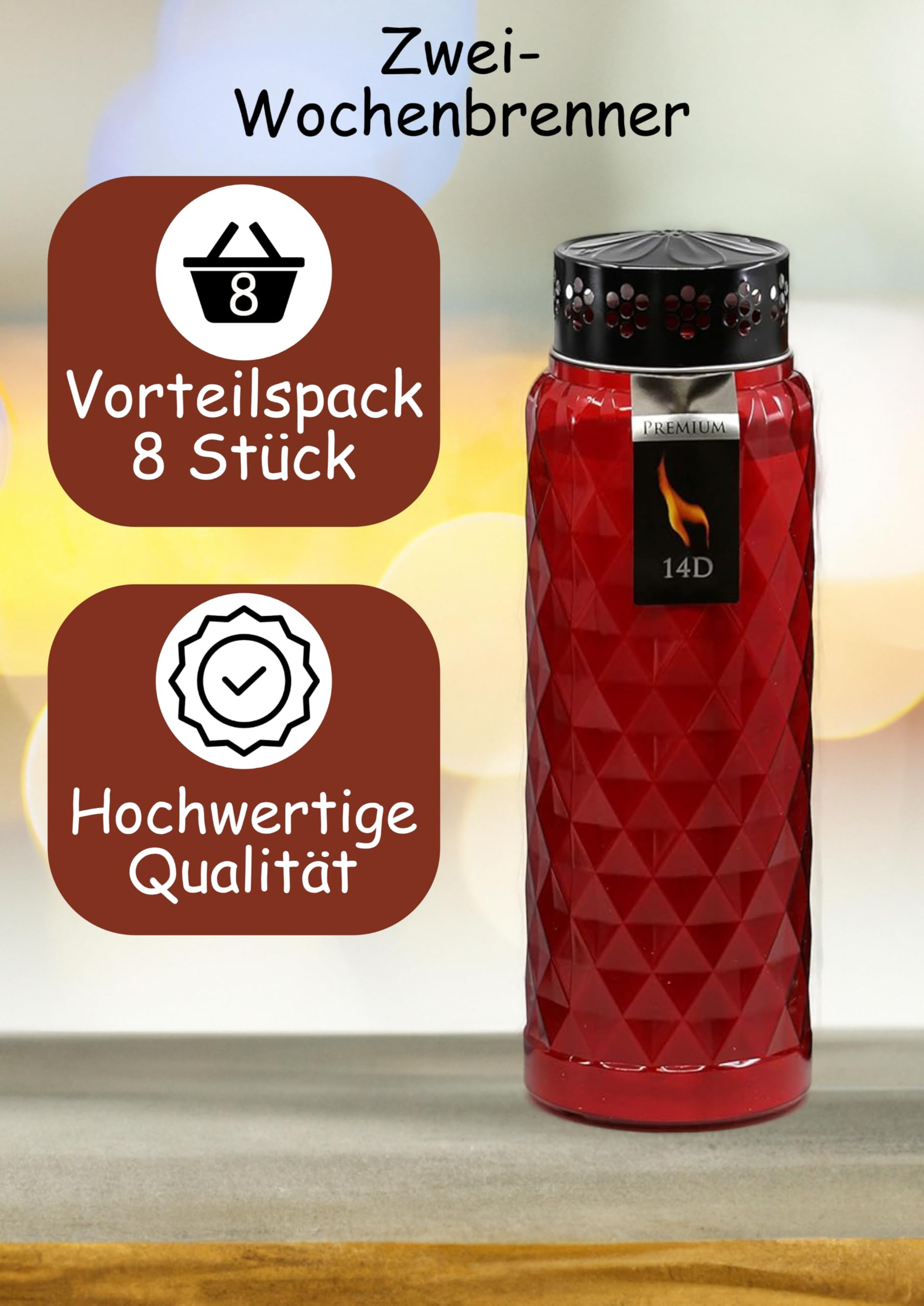8 St. Zwei Wochenbrenner, Grabkerzen, Brenndauer bis 14 Tage, Grabkerze, Grablampe, Grablicht
