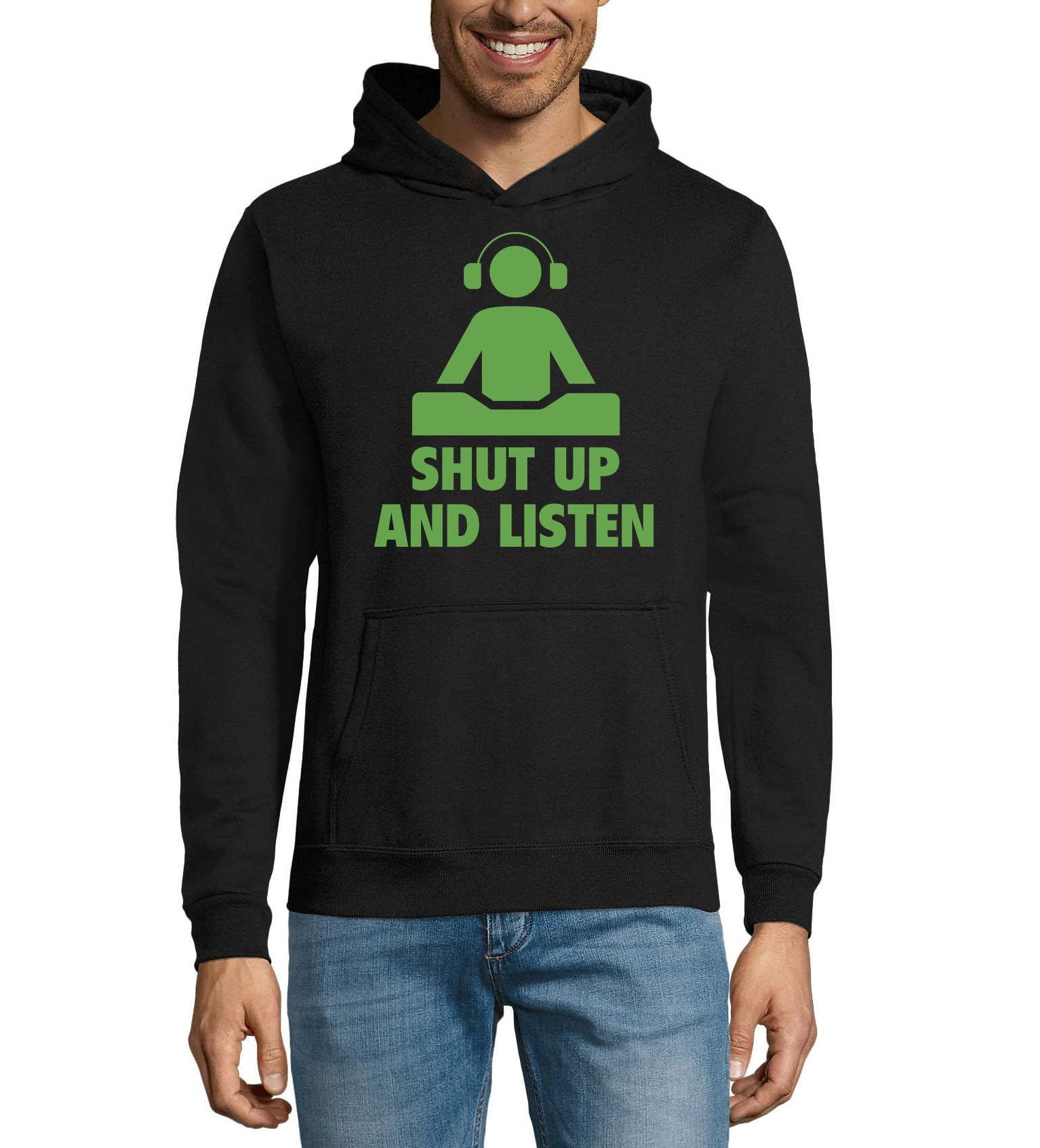 Felpa con cappuccio unisex in misto cotone con scritta "Shut Up and Listen Slogan Headphones Black