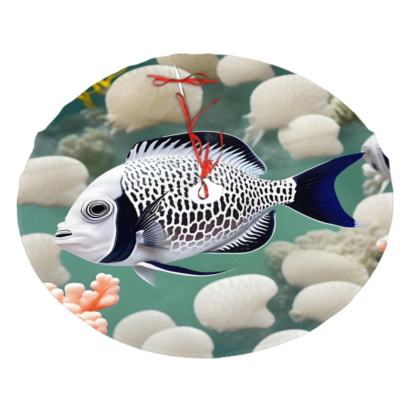 White Tropical Fish Printed Christmas Tree Skirt Christmas Plush Tree Skirt 48 inches (About 112.2 cm) Christmas