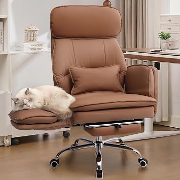 Big and Tall Office Chair with Flip Armrests, Cross Legged Office Chair with Storage Pockets, Comfortable Reclining Computer Chair with Foot Rest, Wide Home Office Desk Chair, PU Leather, Brown