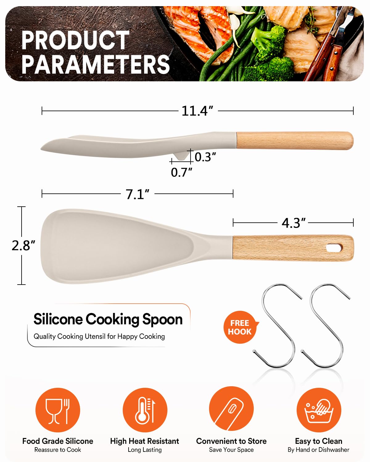 Cuchara de cocina para utensilios de cocina antiadherentes, ideal para cocinar y servir silicona mate resistente sin BPA, cuchara con mango de madera para mezclar, recoger y raspar (paquete de 2 de