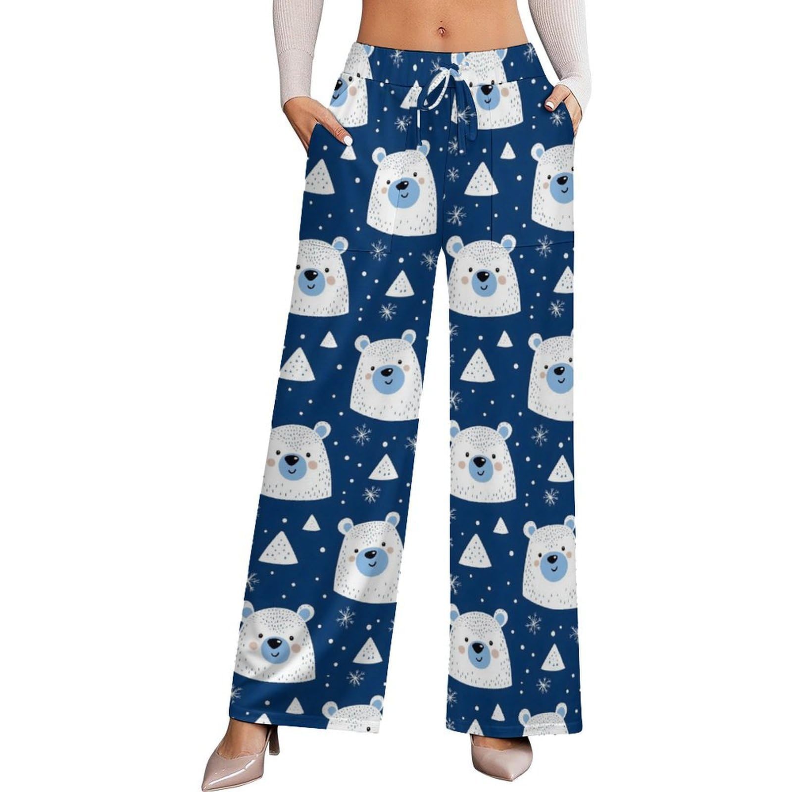 Wide Leg Pants for Women Cotton - Cute Snowflake Bear Print Ladies Casual High Waisted Slacks Palazzo Pants