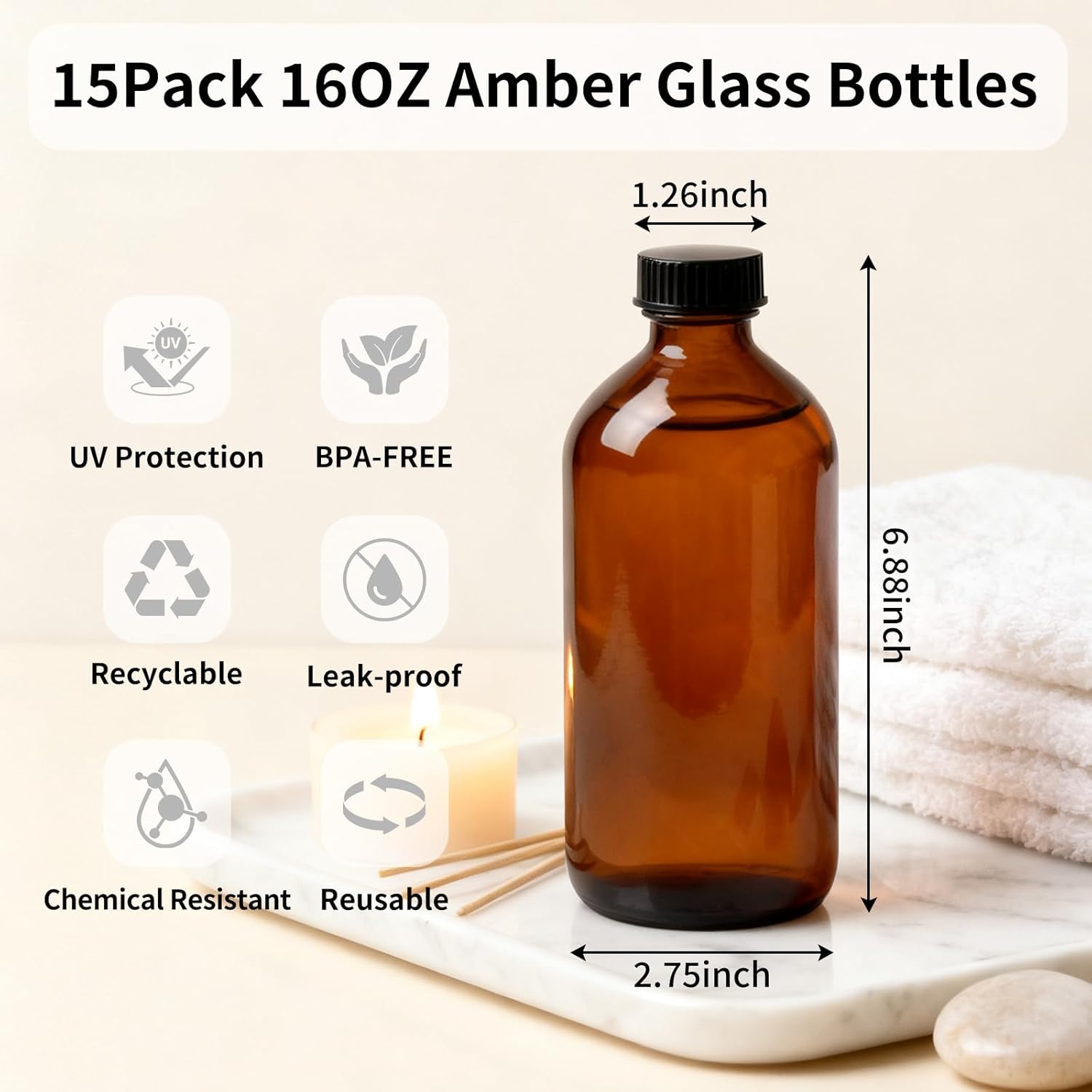 15 Pack 16 oz Amber Glass Boston Round Bottles with Phenolic Polycone Caps – Airtight, Leak-Proof Brown Bottles for Kombucha Brewing, Storing Condiments, Essential Oils, and Homemade Solutions - Image 2
