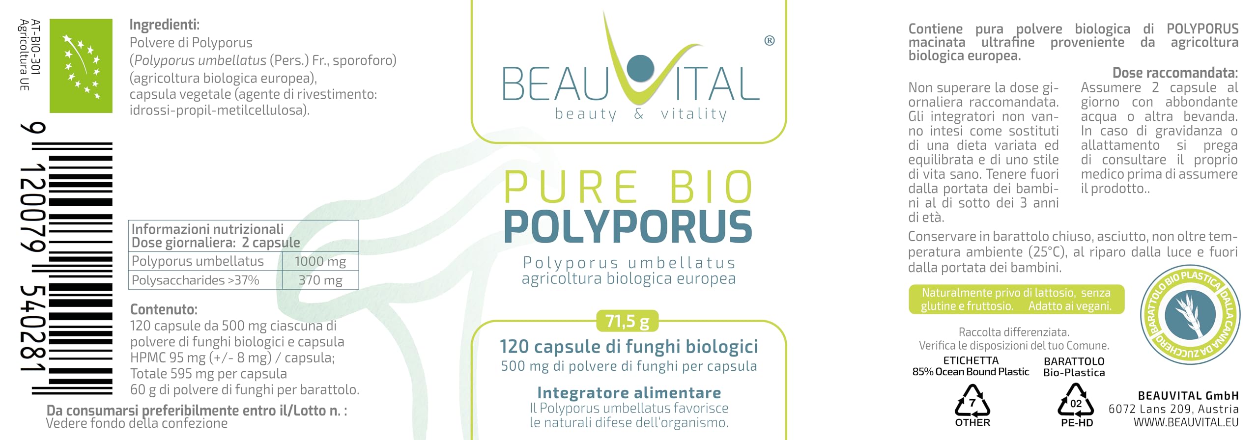 Pure Bio Polyporus capsule 120 x 500 mg polvere fungo polyporus umbellatus da agricoltura biologica UE, vegano, senza additivi artificiali