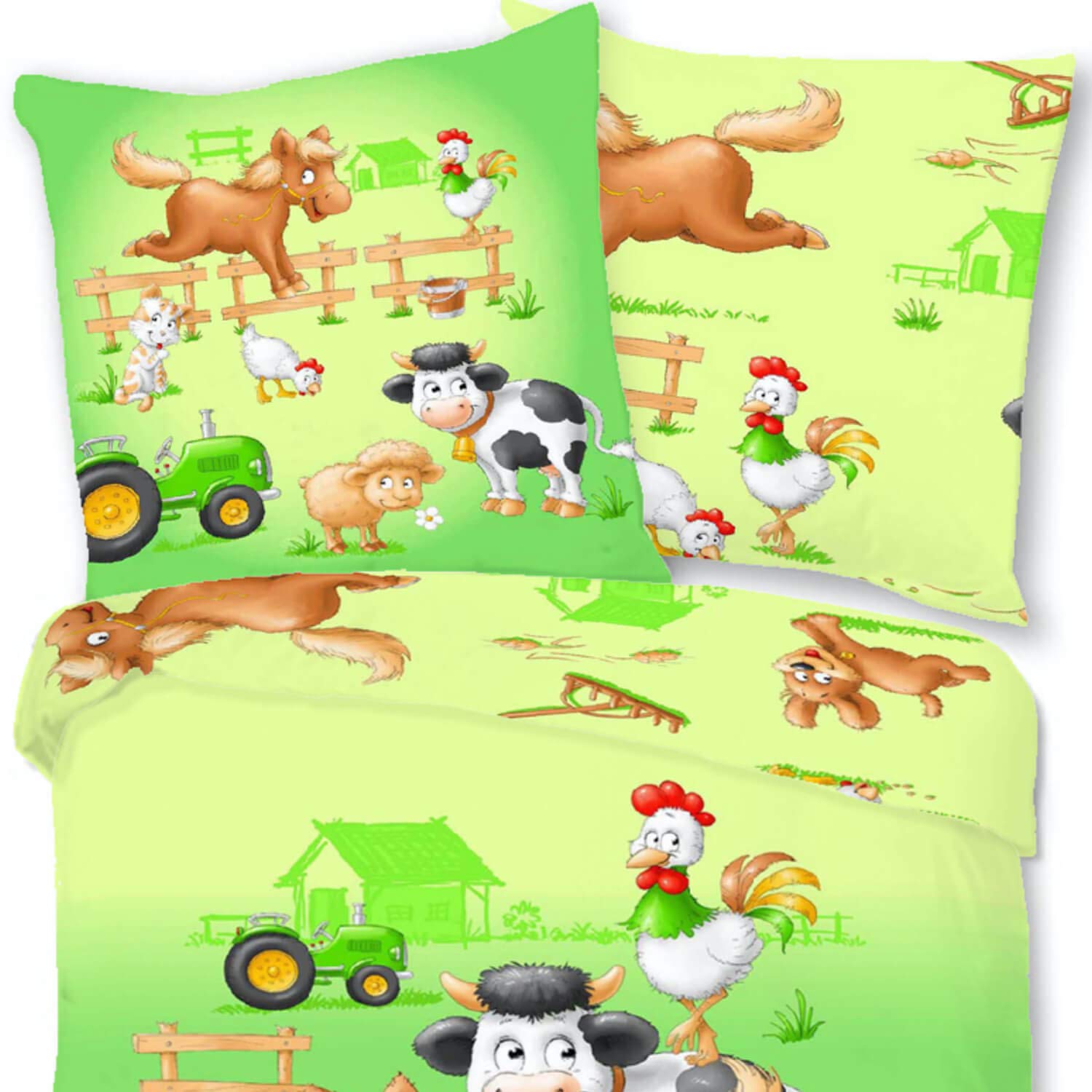Bettwäsche Sleep and Dream Farm Tiere Pferd Kuh Traktor Huhn Hahn Schaf Katze Bunt Renforcé, Größe:135 cm x 200 cm