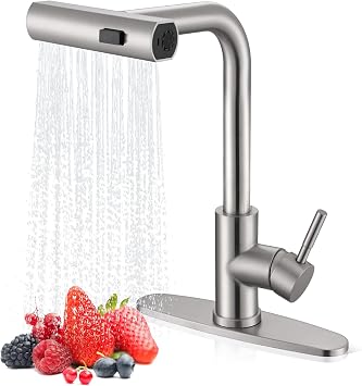 Waterfall Kitchen Faucet with Pull Down Sprayer, Brushed Nickel