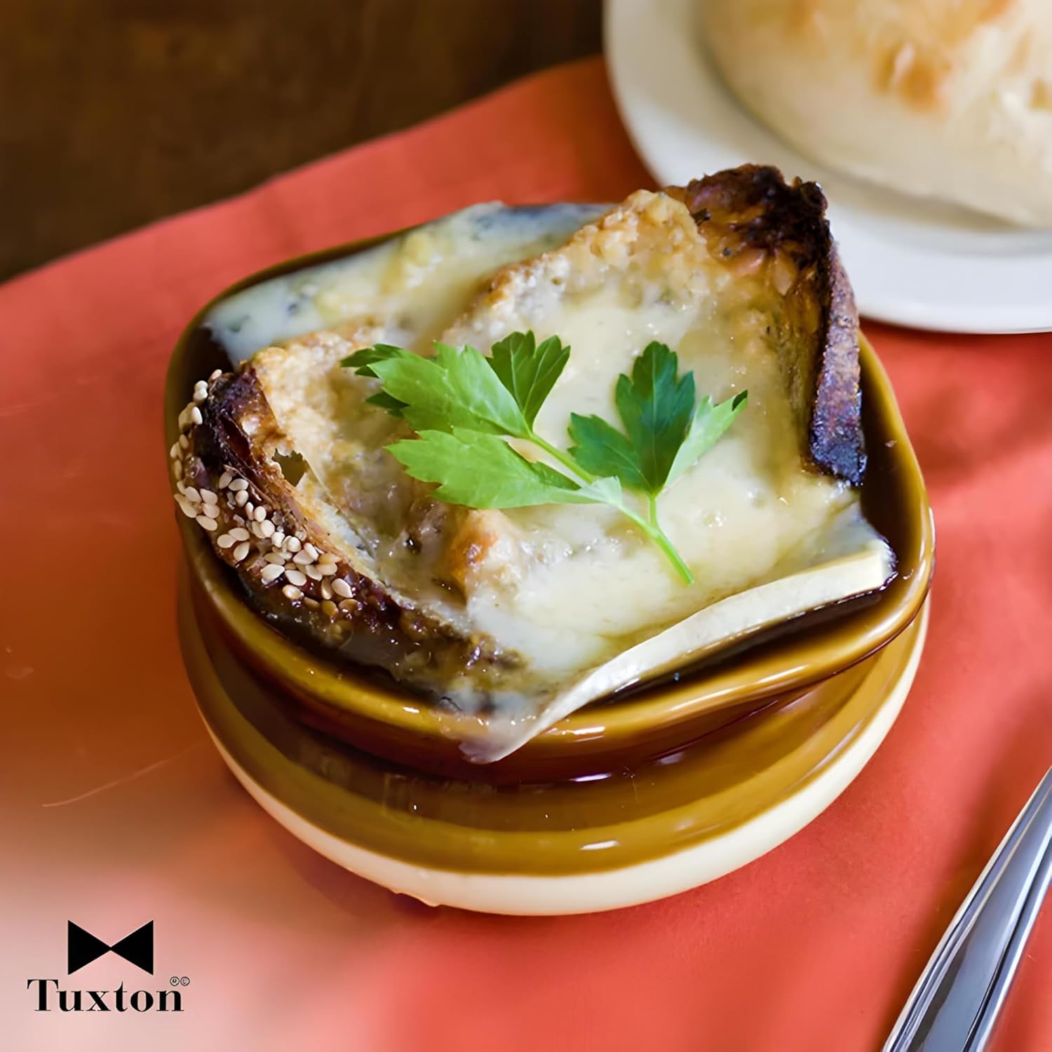 Tuxton China B6S-1003 Onion Soup Crock, 10 oz., 4-5/8" x 4-1/4" x 2-1/4"H, Microwave and Dishwasher Safe, Oven Proof, Fully Vitrified, Ceramic, DuraTux, Two Tone, Pack of 12