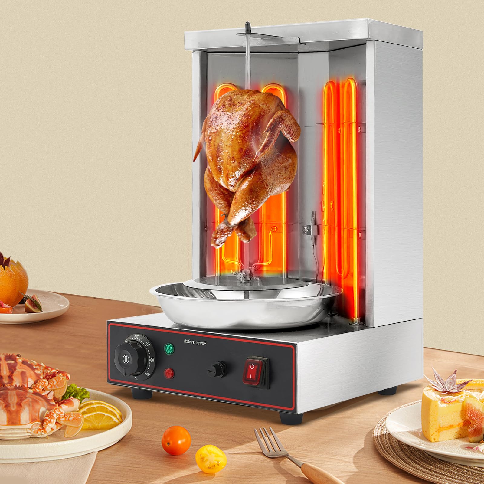 2800–3000 W Elektrischer Edelstahl Döner Grill Vertikalgrill, Multigrill Automatischer Drehgrill Einstellbares Temperatur | 2 Heizrohre | Fettauffangschale | Kontrollleuchten