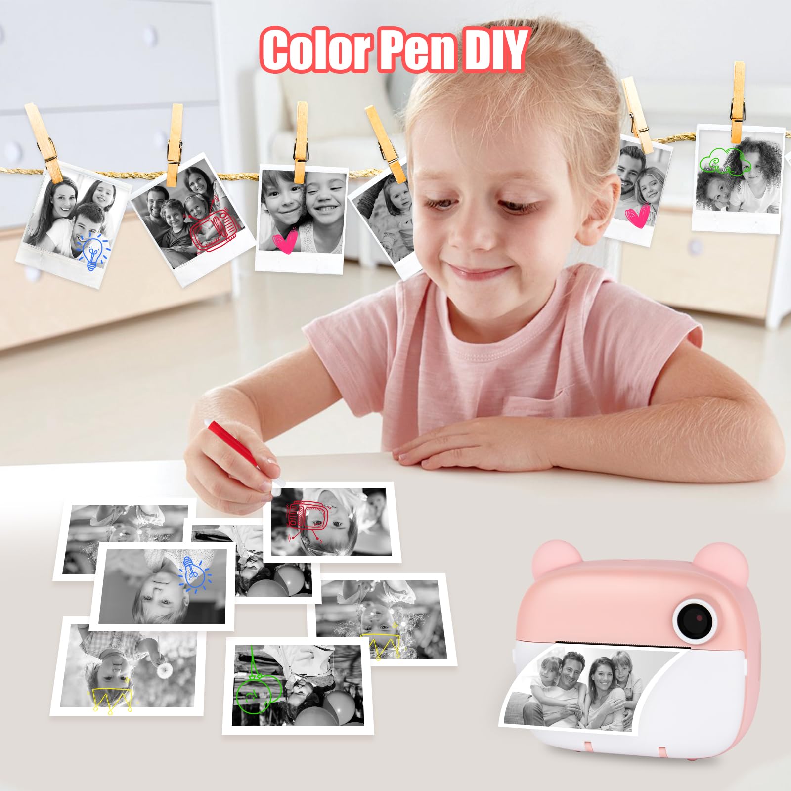 Kinderkamera 1080p Sofortbildkamera mit 32 GB Karte & Fotopapier für Mädchen und Jungen (Rosa)