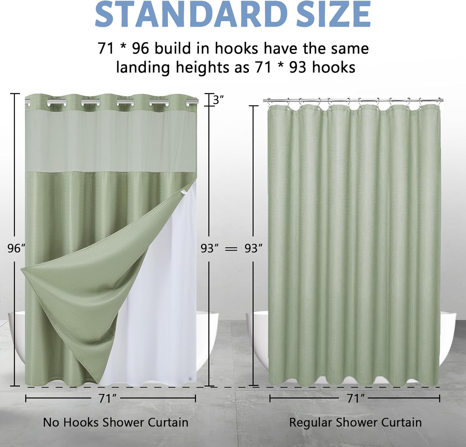 Furlinic Extra Long Waffle Weave No Hook Shower Curtain with Snap in Liner,Heavy Duty Textured Fabric Bathroom Curtains with Mesh Top Window,Waterproof & Machine Washable,Sage Green,71x96 Inch
