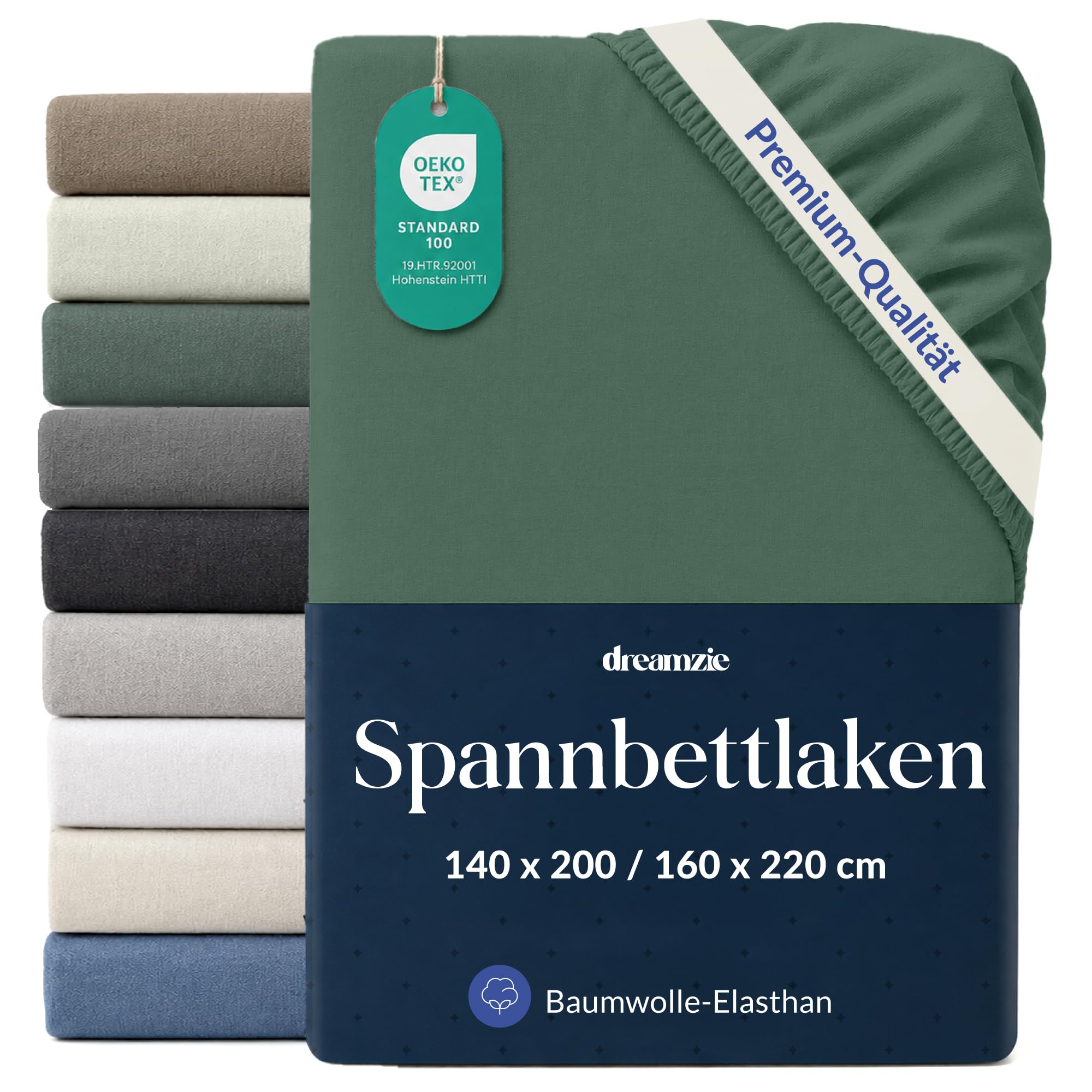 Dreamzie Spannbettlaken 140x200-160x220cm Entengrün, Baumwolle | Jersey 97% Baumwolle, 3% Elasthan · Oeko-Tex zertifiziert · 360°-Gummizug bis 35 cm · Ohne Bügeln