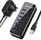 USB Hub Powered RSHTECH 7 Port USB 3.0 Data Hub Aluminum USB Extension Splitter with Individual On/Off Switch Universal AC to DC 5V Power Adapter (RSH-518)