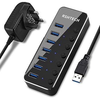 USB Hub Powered RSHTECH 7 Port USB 3.0 Data Hub Aluminum USB Extension Splitter with Individual On/Off Switch Universal AC to DC 5V Power Adapter (RSH-518)
