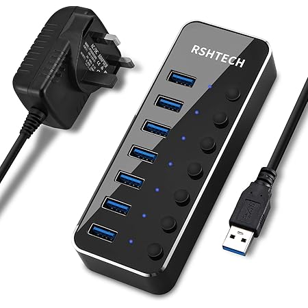 USB Hub Powered RSHTECH 7 Port USB 3.0 Data Hub Aluminum USB Extension Splitter with Individual On/Off Switch Universal AC to DC 5V Power Adapter (RSH-518)