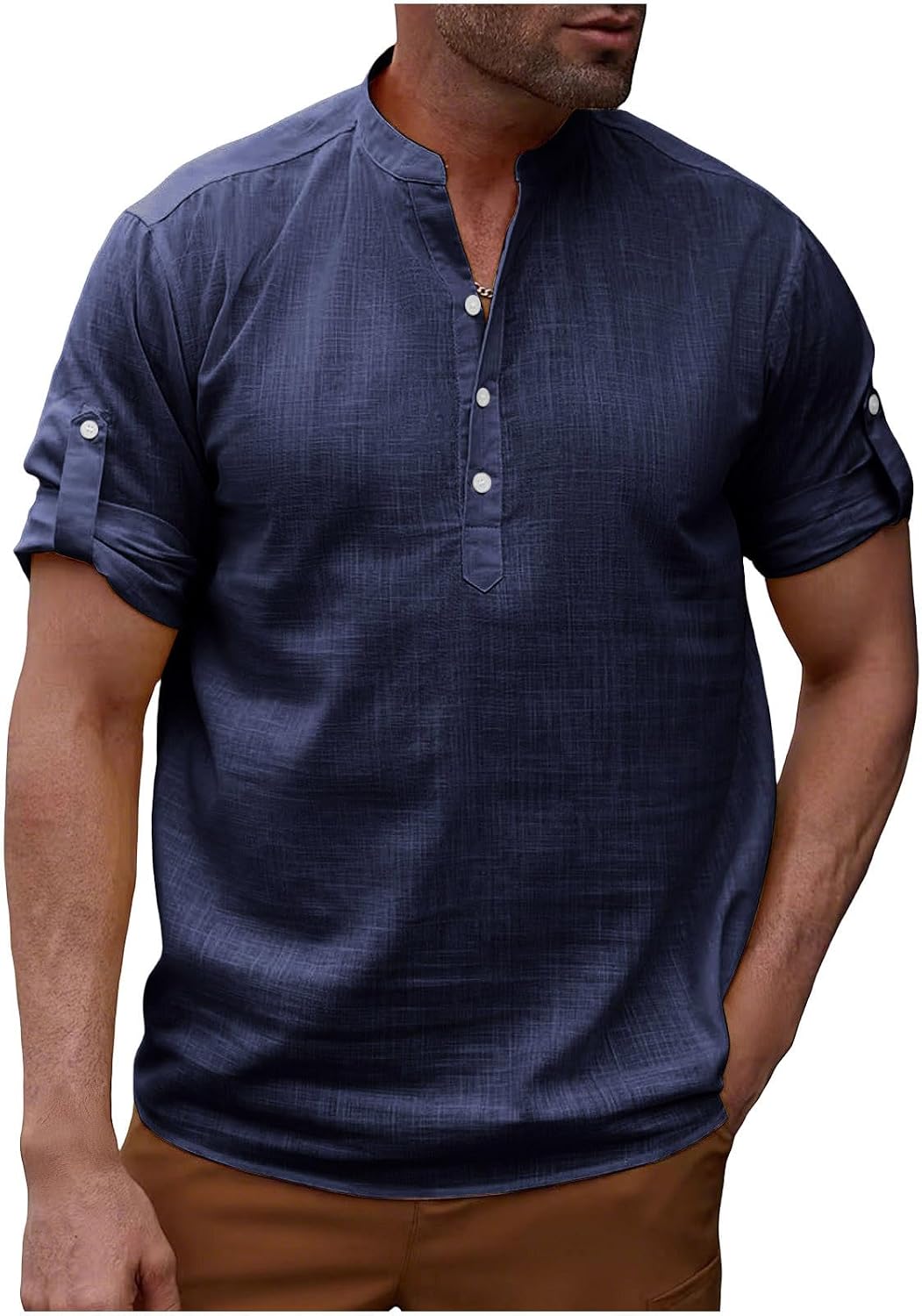 Mens Short Sleeve Cotton Linen Shirt Breathable Casual Summer Top Solid Loose Fit Lightweight Soft Comfortable Blouses