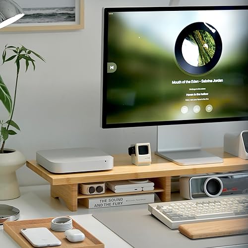 Miniatura 7 de Bamboo Dual Monitor Stand Riser Natural - Elevador de monitor de escritorio de 2 niveles para 2 monitores, compatible con monitor de computadora de