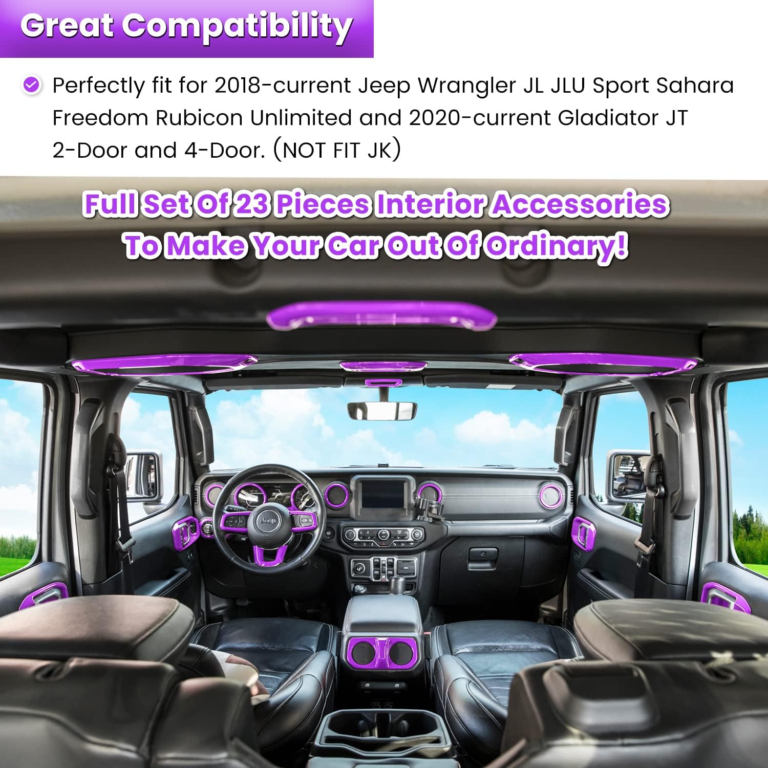 23PCS Full Set Interior Decoration Trim Kit for Jeep Wrangler JL JLU Gladiator JT 2018-2023 Steering Wheel Door Handle Air Conditioning Vent Cup Holder Reading Light Headlight Gear Cover (Purple) image 2