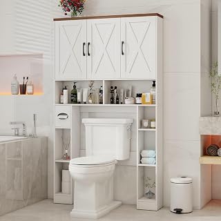 Over The Toilet Storage Cabinet,Farmhouse Toilet Cabinet Rack with 3 Barn Doors,Space Saving Bathroom Organizer with Shelves,Toilet Paper Holder & Towel Rack for Bathroom,Restroom,Laundry,Unique White