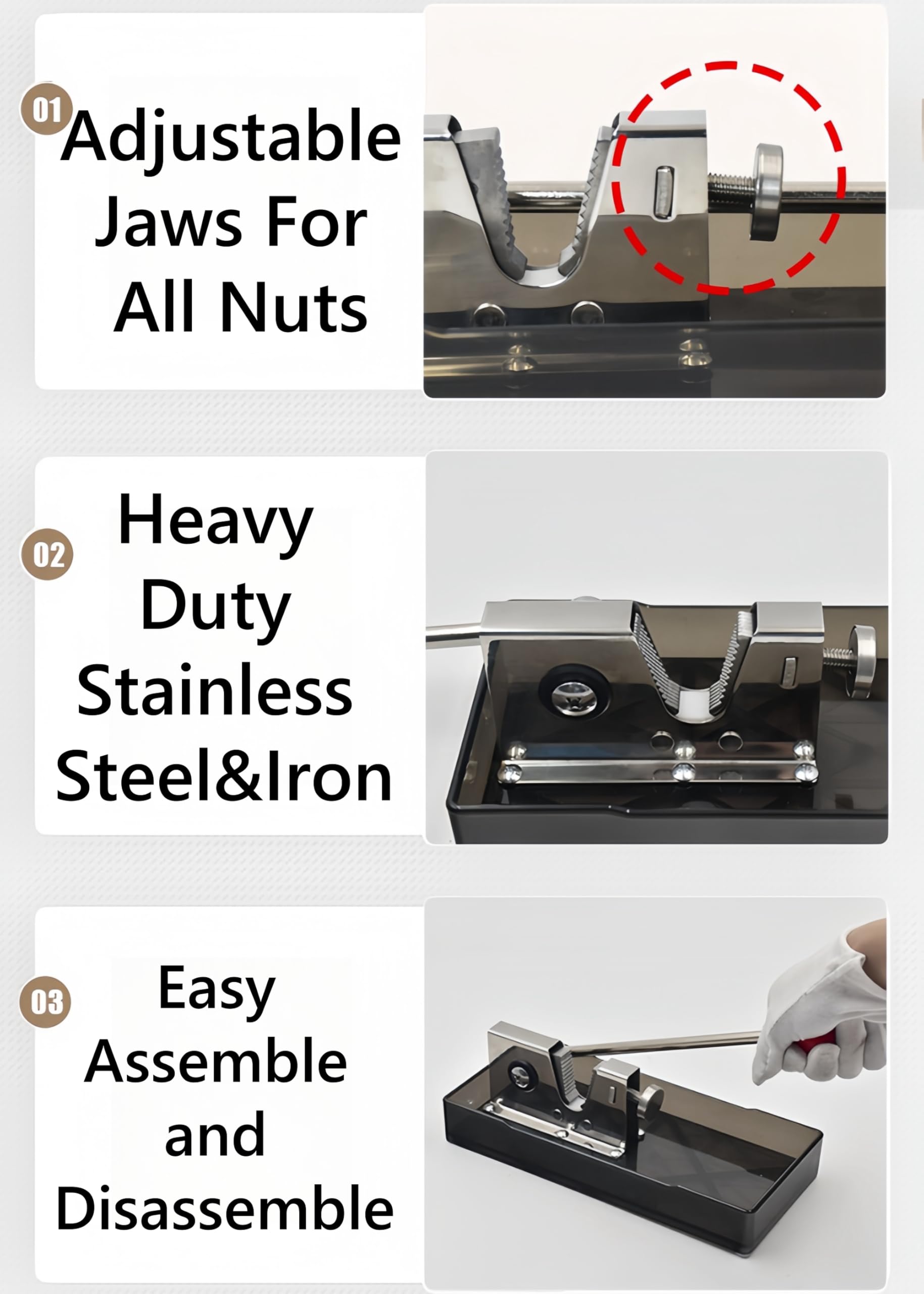 Casse-noix pour toutes les noix avec 3 piques en acier inoxydable robuste pour noix noires, noix de pécan, macadamia, mâchoires réglables manuelles (argenté)